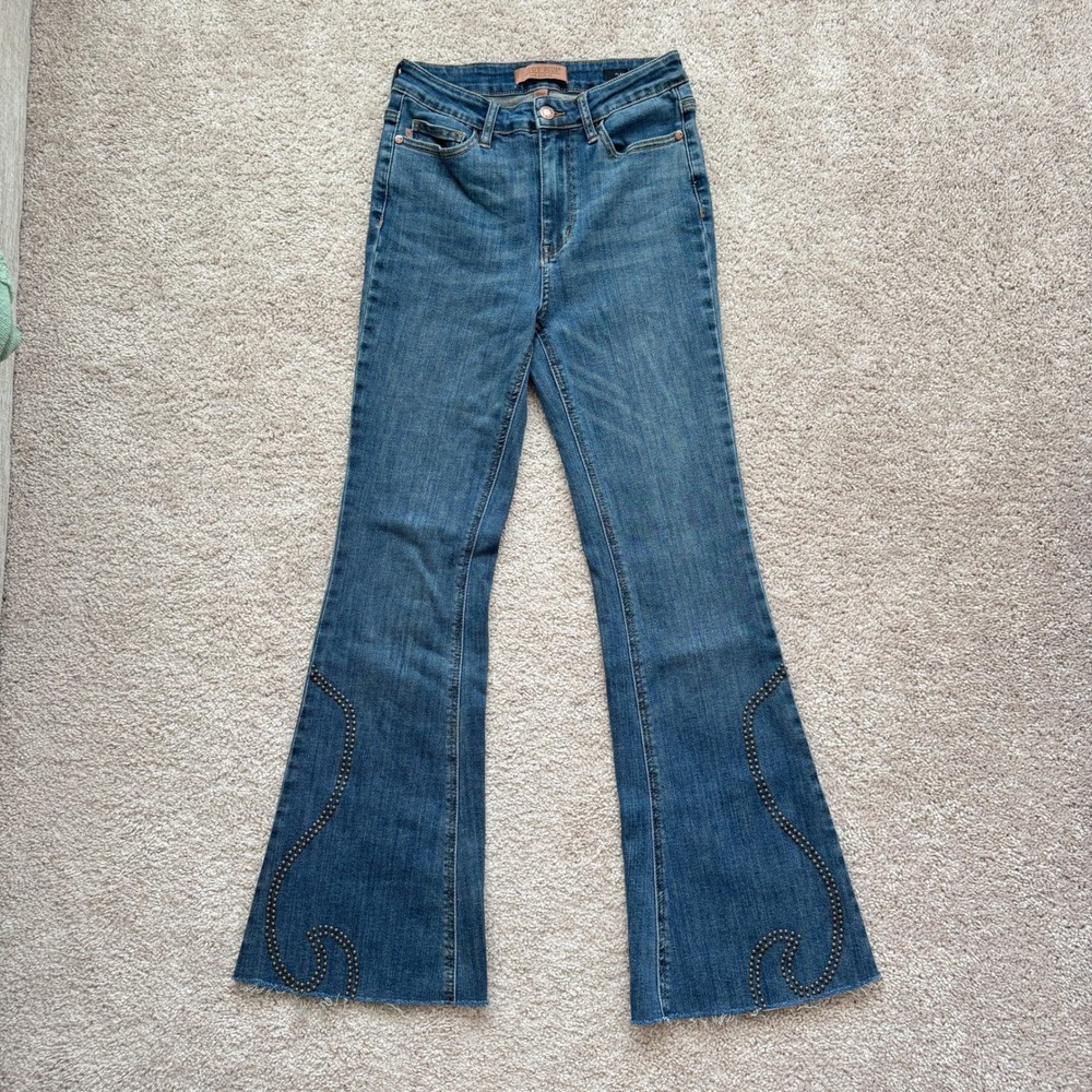 Judy Blue Studded Flare Jeans Medium Wash Raw Hem Boho Western Size 3/26